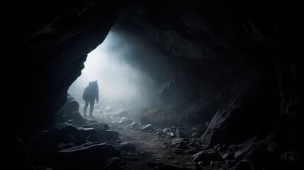  a person standing in a cave with a light coming from the end of the cave and fog coming from the cave behind them, with a person standing in the cave.  generative ai - obrazy, fototapety, plakaty