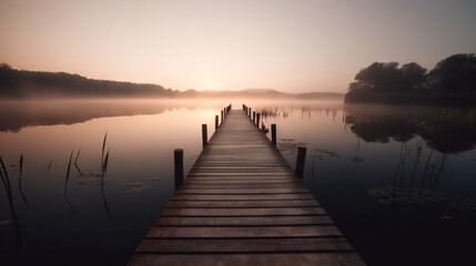  a dock that is sitting in the middle of a lake at sunrise or dawn with the sun setting on the water and fog in the air. generative ai