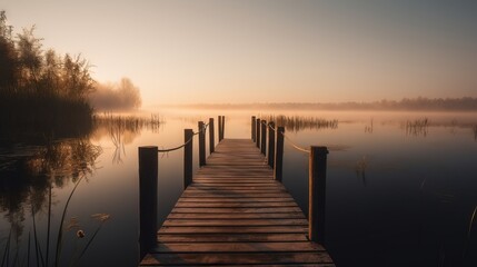 Naklejka na ściany i meble a dock on a body of water with fog on the water and trees in the background at sunset or dawn or dawn or dawn or dawn. generative ai