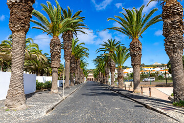 Fototapeta premium Picturesque streets in the tiny Portuguese ocean village Vila Baleira on Porto Santo Island. Portugal.