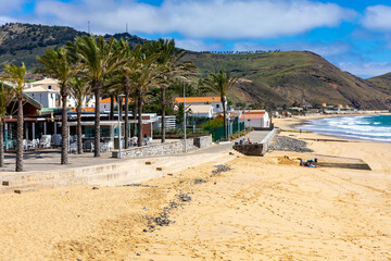 Fototapeta na wymiar Porto Santo Beach. Popular tourist destination in Portugal Island in the Atlantic Ocean. Vila Baleira in Porto Santo, Madeira, Portugal.