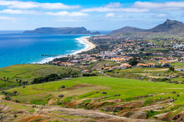 Fototapeta na wymiar Porto Santo Landscape. Popular tourist destination in Portugal Island in the Atlantic Ocean. Vila Baleira in Porto Santo, Madeira, Portugal.