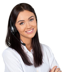 Young woman  with headphones, call center or support concept