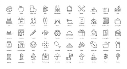 Obraz na płótnie Canvas Thanksgiving Thin Line Icons Food Event Icon Set in Outline Style 50 Vector Icons in Black