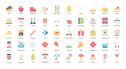 Thanksgiving Flat Icons Food Event Icon Set in Color Style 50 Vector Icons
