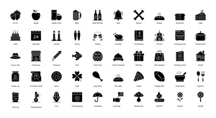 Thanksgiving Glyph Icons Food Event Icon Set in Glyph Style 50 Vector Icons in Black