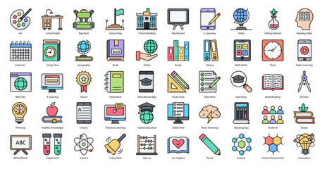 School Color Line Icons Education Library Books Icon Set in Filled Outline Style 50 Vector Icons