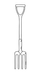 Garden pitchfork in doodle style. Gardening tools. Vector outline illustration.