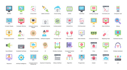 Fototapeta na wymiar Computer Science Flat Icons Technology Algorithm Icon Set in Color Style 50 Vector Icons 