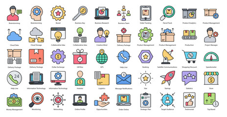 Product Management Color Line Icons Business Production Icon Set in Filed Outline Style 50 Vector Icons in Black