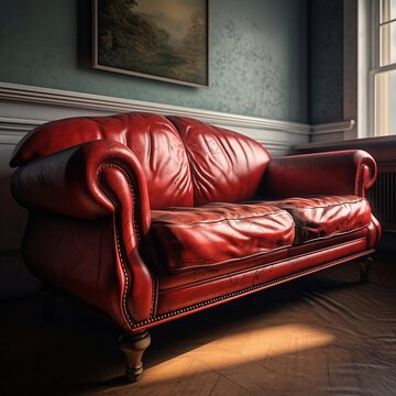 Majestic Red Leather Couch Used By A Psychiatrist - Enhance Your Waiting Room Decor With Generative AI-Generated Art