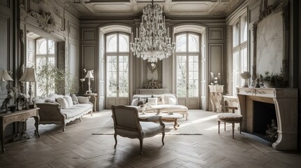 Fototapeta na wymiar A grand French country living room with distressed wood and ticking textures, featuring a crystal chandelier and a marble fireplace, and a dramatic floor-to-ceiling window, generative ai
