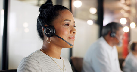Contact us, call center or telemarketing worker typing an email for feedback or helping a client in...