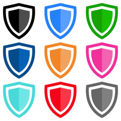 Shield icon set, flat style, black, blue, green, orange, red,  pink , gray colors symbol for game, web, app, mobile, product, service, label, sticker, UI, logo. Trendy illustration design isolated
