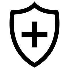 Shield icon with plus sign, flat style black color beautiful vector symbol for game, web, app, mobile, product, service, label, UI, logo. Illustration design object isolated on white background. 