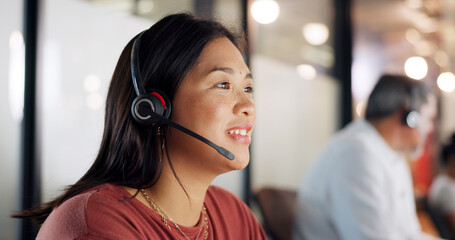 Call center, woman and phone call, contact us with CRM, customer service or telemarketing sales,...
