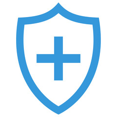 Shield icon with plus sign, flat style blue color beautiful vector symbol for game, web, app, mobile, product, service, label, UI, logo. Illustration design object isolated on white background. 