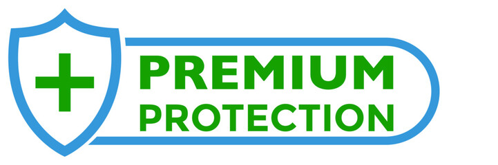 Shield icon with plus sign and green premium protection text. Flat style blue color vector symbol for medical, bacterial or virus defense, product, service, label, logo. Design isolated on white.