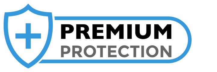 Fototapeta premium Shield icon with plus sign and black premium protection text. Flat style blue color vector symbol for medical, bacterial or virus defense, product, service, label, logo. Design isolated on white.