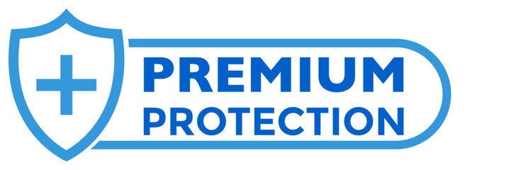 Shield icon with plus sign and premium protection text. Flat style blue color vector symbol for medical, bacterial or virus defense, product, service, label, logo. Design isolated on white.