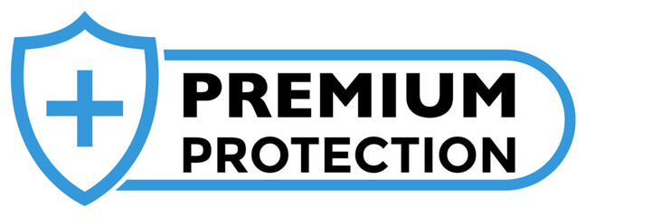 Obraz premium Shield icon with plus sign and black premium protection text. Flat style blue color vector symbol for medical, bacterial or virus defense, product, service, label, logo. Design isolated on white.