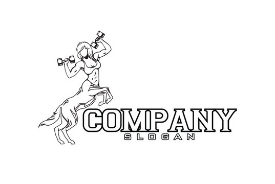 stallion fitness logo, gym and fitness logo with mixture of horse and girl holding dumbbell.