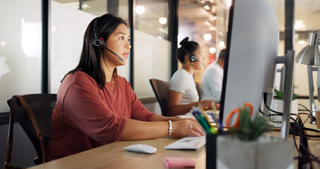 Call center, woman and phone call, contact us with CRM, customer service or telemarketing sales, conversation and technology. Communication, headset and female call centre employee, help and computer