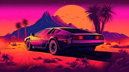 Obraz na płótnie Canvas Illustration of a retro sports car of the 1980s at the Egyptian pyramids. Retro-futuristic landscape. Generative AI