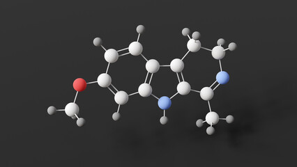 harmaline molecule, molecular structure, fluorescent indole alkaloid, ball and stick 3d model, structural chemical formula with colored atoms