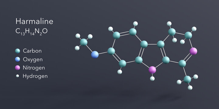 harmaline molecule 3d rendering, flat molecular structure with chemical formula and atoms color coding