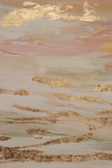 Art oil and acrylic smear blot canvas painting with gold line elements. Abstract texture pastel color stain brushstroke texture background.