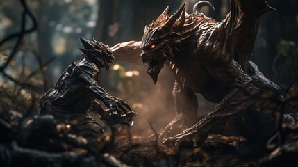 Fototapeta na wymiar a demonic creature attacking another creature in a dark forest in a game of thrones and ruins, in a scene from the video game god of war. generative ai