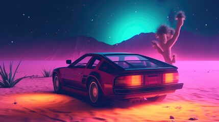 Illustration of a retro sports car of the 1980s at the Egyptian pyramids. Retro-futuristic landscape. Generative AI