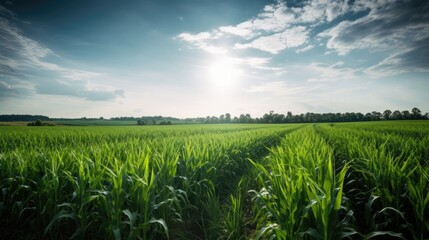 Springtime corn field with fresh, green sprouts. Generative AI