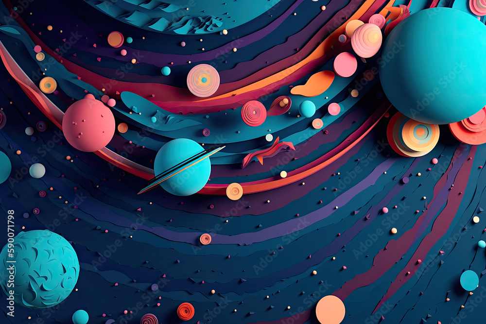 Wall mural abstract space background with planets and solar system from colored paper. generative ai