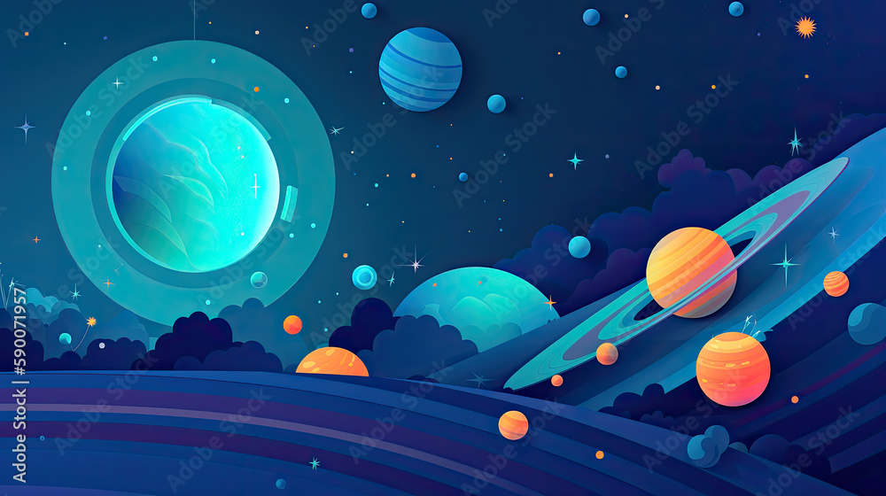 Wall mural abstract space background with planets and solar system from colored paper. generative ai