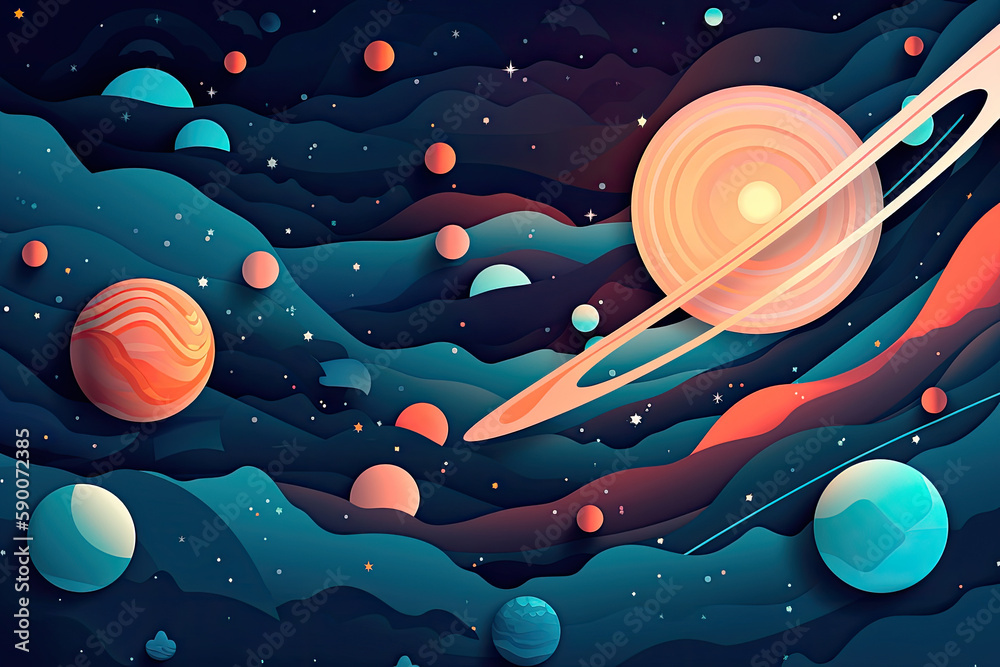 Wall mural abstract space background with planets and solar system from colored paper. generative ai