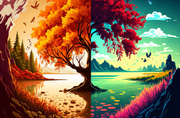autumn summer collage. Generative AI,