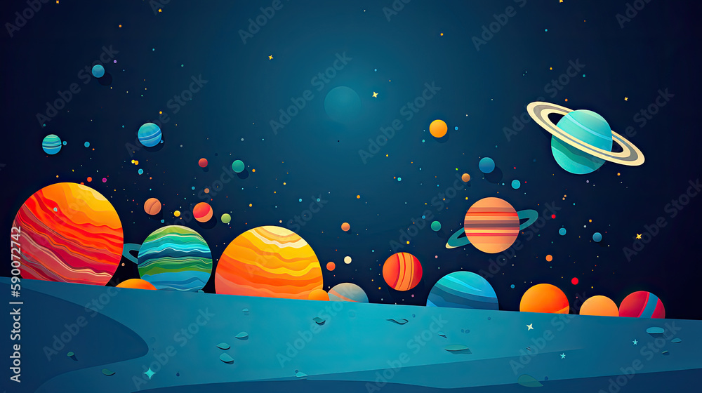 Wall mural abstract space background with planets and solar system from colored paper. generative ai