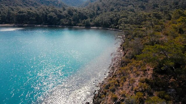 Rocky coastline of Aegean sea with forest on shore on sunny day. Aerial wide shot