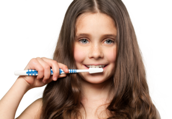 Little girl brushing teeth isolated on white