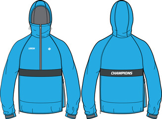 Long sleeve Cagoule Shell Hoodie jacket design flat sketch Illustration, Hooded weather jacket with front and back view, winter jacket for Men and women. for hiker, outerwear and workout in winter © JERZEY DESINZ