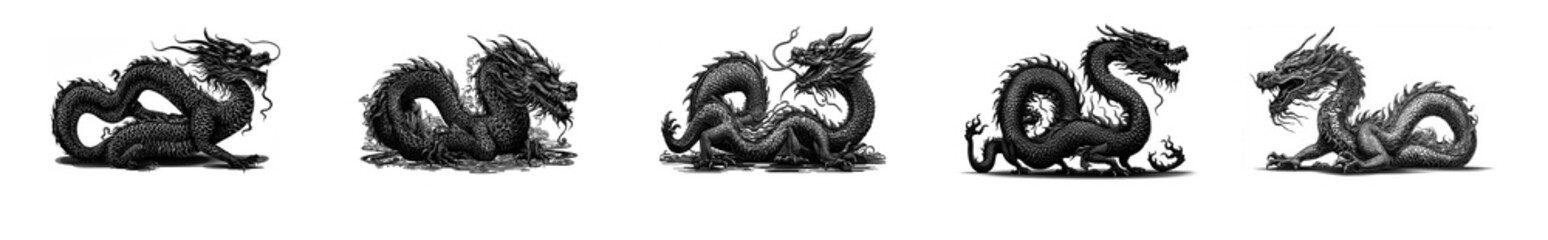 Fototapeta premium Set of emblems traditional chinese dragonon on transparent background