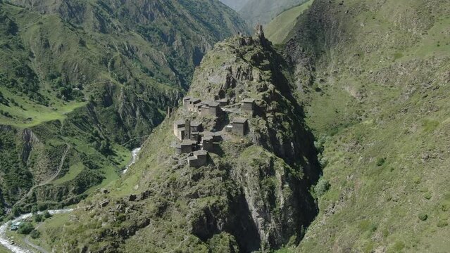 Aerial drone view of historical castle Mutso in Khevsureti, Georgia