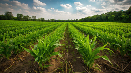 Fototapeta na wymiar Springtime corn field with fresh, green sprouts. Generative AI