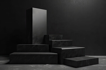 Blank step podium display black granite set collection 3D render minimalist concept