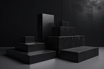 Blank step podium display black granite set collection 3D render minimalist concept