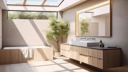 Fototapeta premium Minimalist Modern Bathroom Interior Light Wood Accents Stylish Space Generative AI