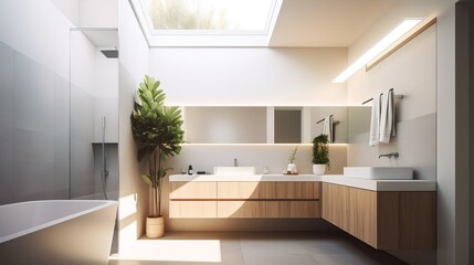 Fototapeta na wymiar Minimalist Modern Bathroom Interior Light Wood Elements Stylish Space Generative AI