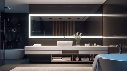 Fototapeta na wymiar Minimalist Modern Bathroom Interior Green Plants Decoration Serene Space Generative AI